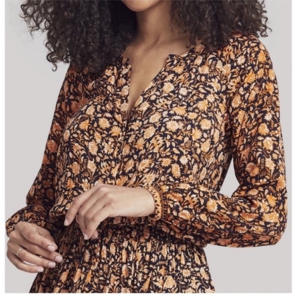 Faherty Montara Wonderlust Floral Long Sleeve Summer Dress in Dark Navy/Orange - Picture 3 of 10